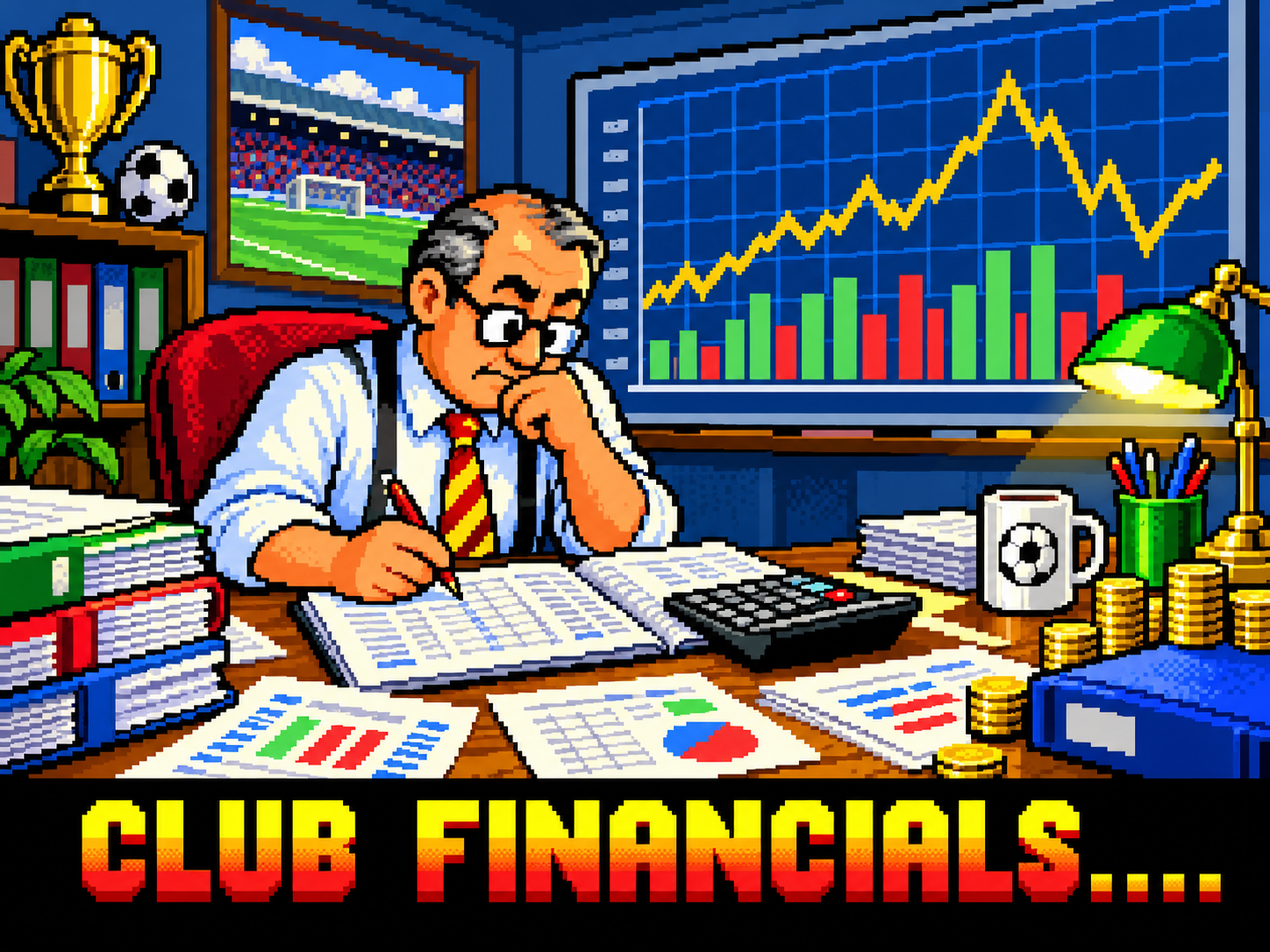 Club accountant studying ledgers with a financial chart behind him