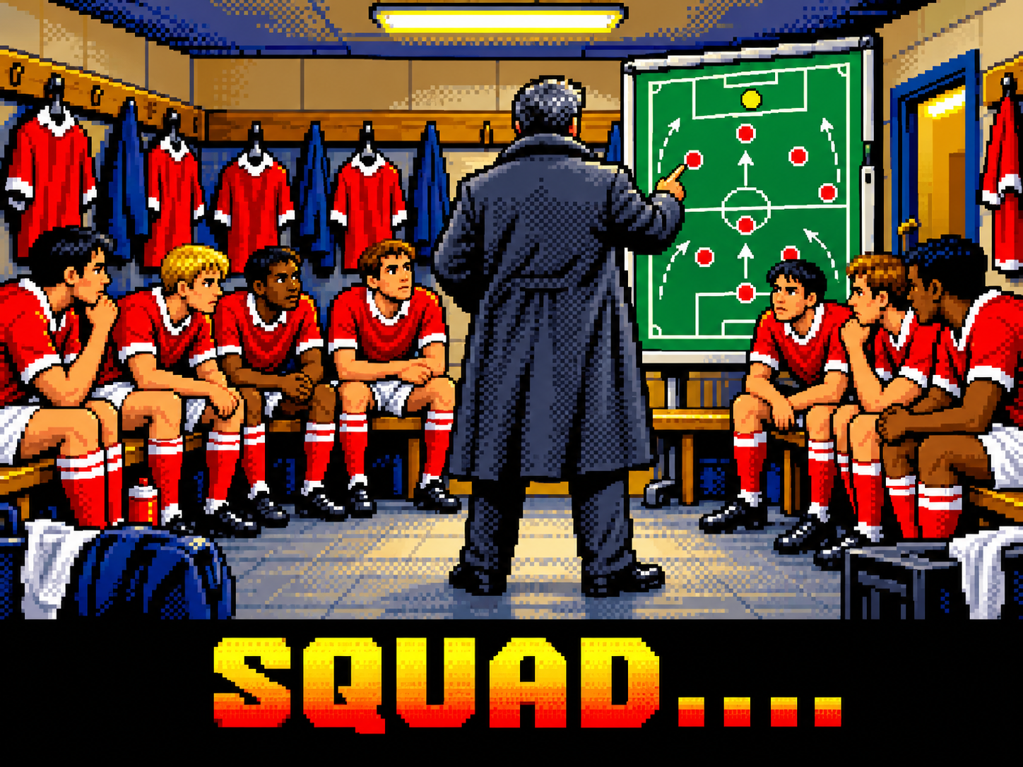 Manager in a long coat giving seated players a dressing-room tactics talk