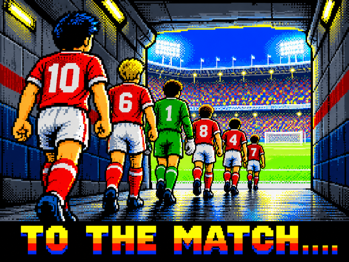 Cartoon football team walking through the tunnel towards a floodlit pitch