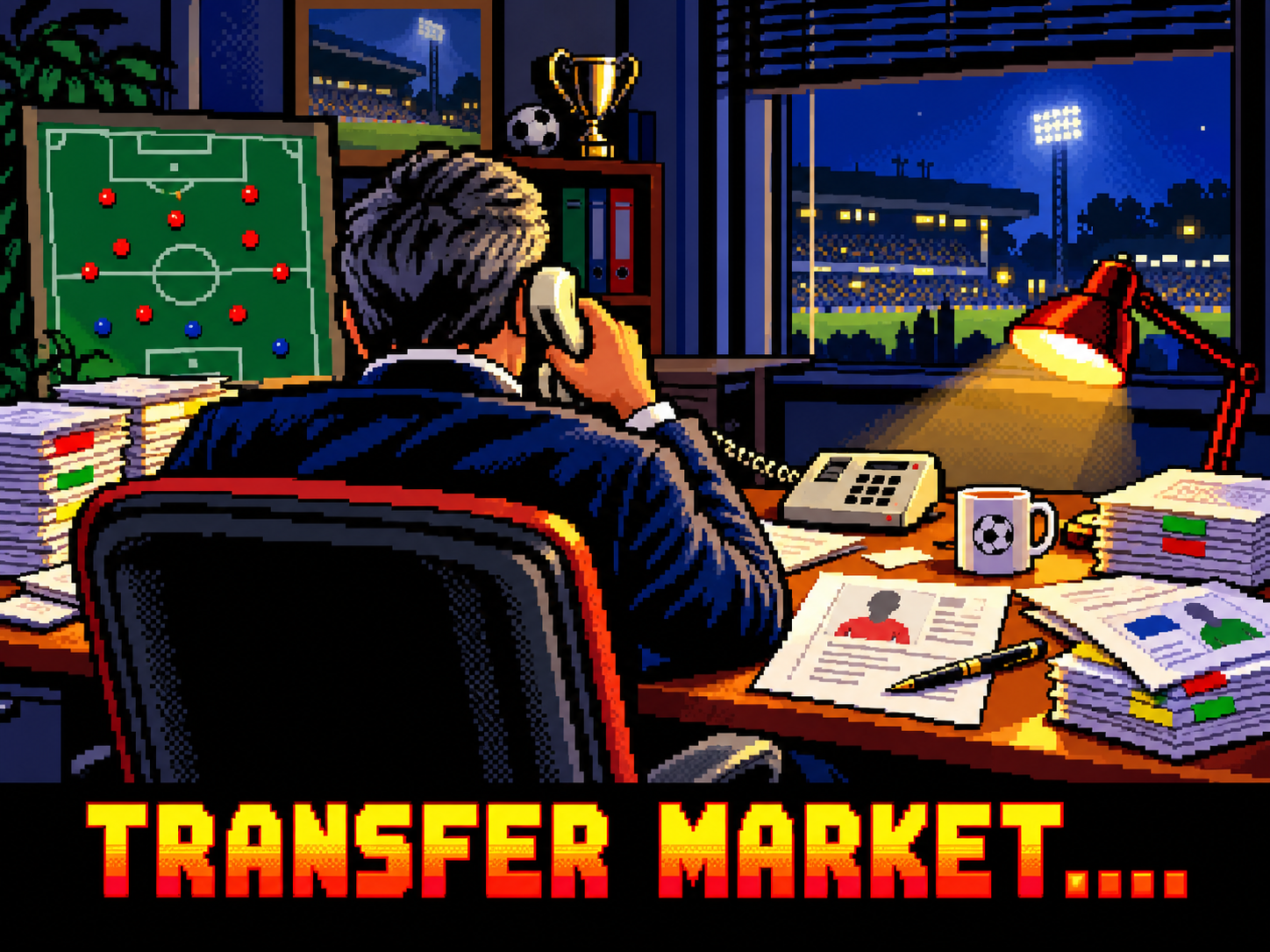 Football manager negotiating a transfer by telephone in his office